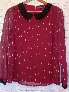 Sugarhill Boutique Burgundy Black Mouse Print Long Sleeve Collar Top Size 10
